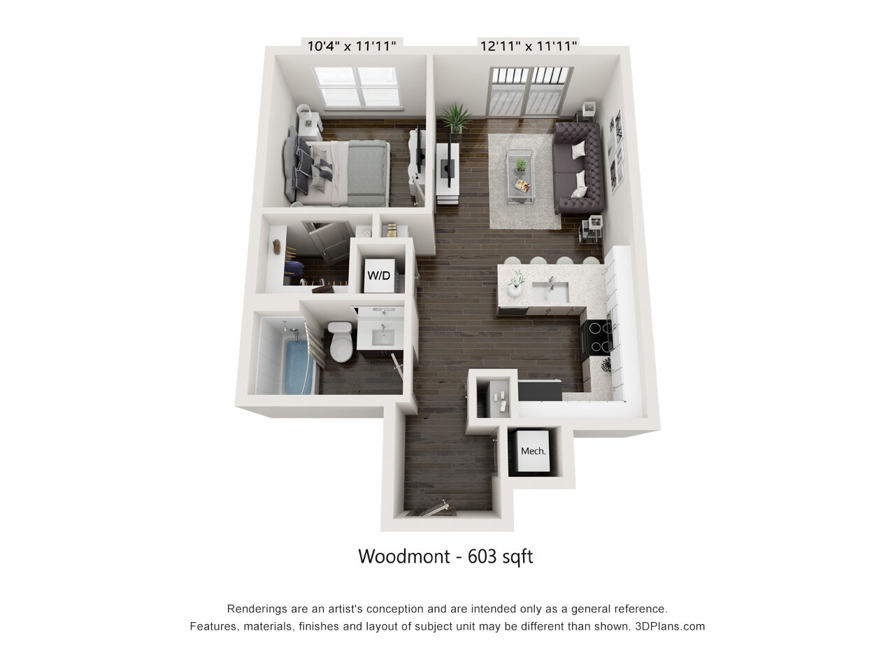 Floor plan for 1 bed, 1 bath, 603 sqft